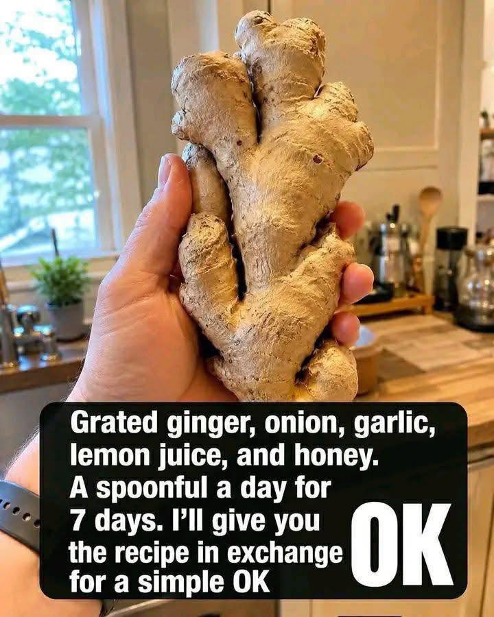Grated ginger, onion, garlic, lemon juice and honey. One teaspoon a day from day 7